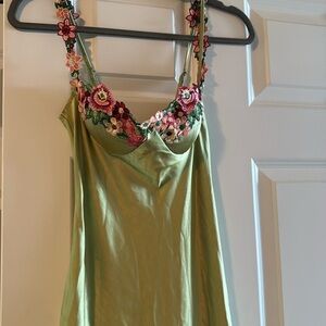Satin green floral embroidered straps and cups